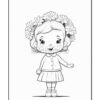 A cute girl with a flower crown is smiling and wearing a dress with a collar and a pleated skirt.