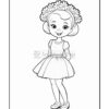 A cheerful cartoon girl with a flower crown and a polka dot dress, standing with a smile.