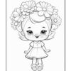 A cartoon girl with a floral headband and a dress, smiling against a simple background.