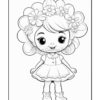 A cute cartoon girl with large curly hair adorned with flowers, wearing a dress and shoes, ready for coloring.