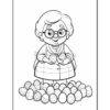 A smiling elderly woman with glasses, wearing a striped dress, stands among a collection of decorated Easter eggs.