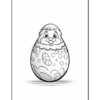 A cartoon Easter egg character with a smiling face, decorated with patterns and a whimsical design.