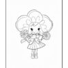 A cartoon girl with a large flower-shaped hat holds daisies, wearing a dress and shoes, ready for coloring.