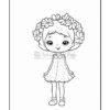 A cute, cartoon girl with a flower crown, wearing a polka dot dress and shoes, stands smiling.