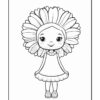 A cute cartoon girl with a large daisy flower for hair, wearing a simple dress and smiling.