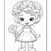 A young girl with a big floral headband holds a flower, wearing a dress and sneakers, in a black and white coloring page style.
