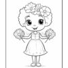 A cheerful girl with curly hair adorned with flowers, wearing a dress, holding flowers in each hand.