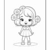 A cartoon girl with big eyes and a cheerful smile, wearing a dress and adorned with flowers in her hair.