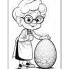 An elderly woman with glasses and an apron is holding a decorated Easter egg, featuring swirling patterns.