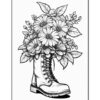 A detailed illustration of a military-style boot overflowing with flowers and leaves.