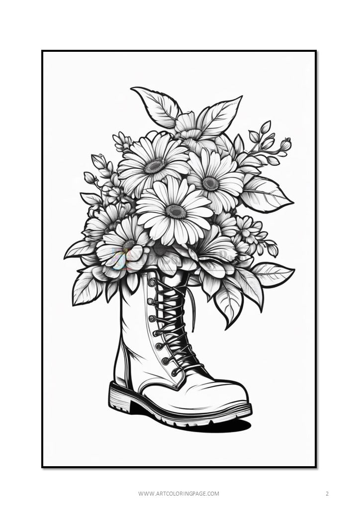 A detailed illustration of a military-style boot overflowing with flowers and leaves.