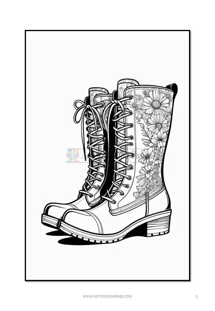 A pair of ornate, floral-patterned boots with laces, designed for coloring.