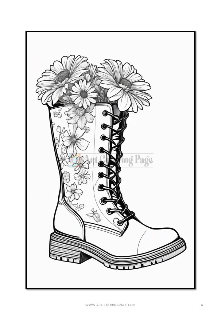 A decorated boot filled with daisies and flowers, featuring intricate floral patterns on the side.
