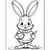 A cartoon bunny holding a decorated Easter egg and a crayon, wearing a bow tie and standing in grass.