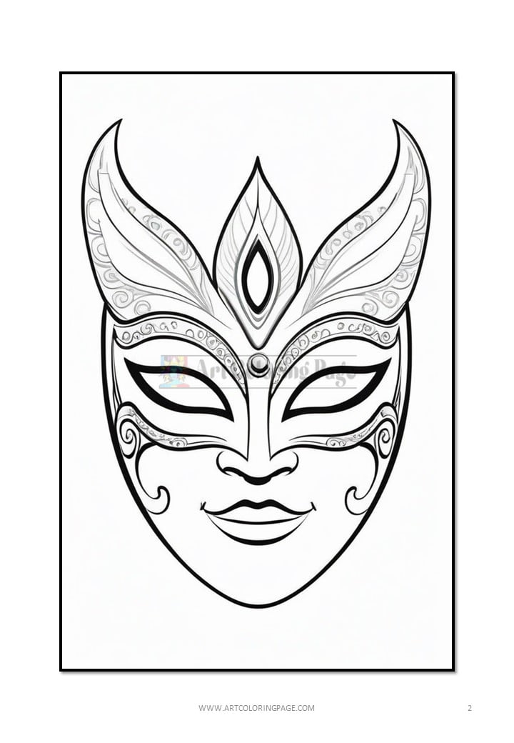 A decorative mask design featuring intricate patterns and a central gem, ideal for coloring.