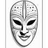 A decorative mask with intricate patterns and a smiling face, featuring bold black lines and dotted designs on a white background.