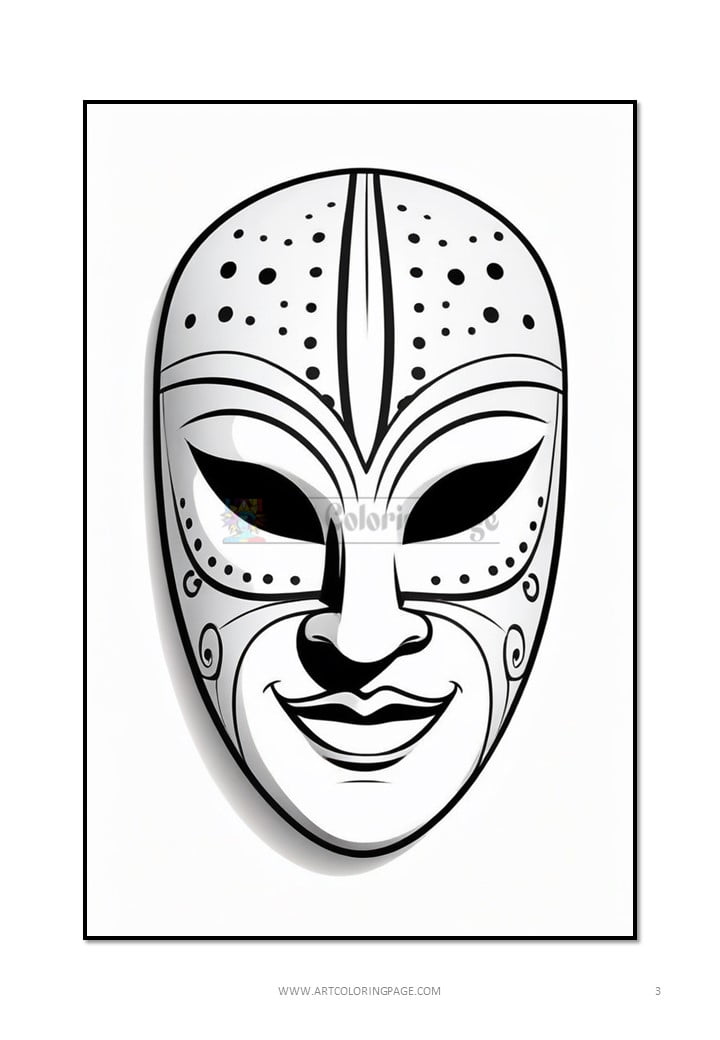 A decorative mask with intricate patterns and a smiling face, featuring bold black lines and dotted designs on a white background.