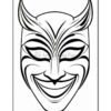 A stylized black and white mask design with prominent features, including sharp horns and intricate facial markings.