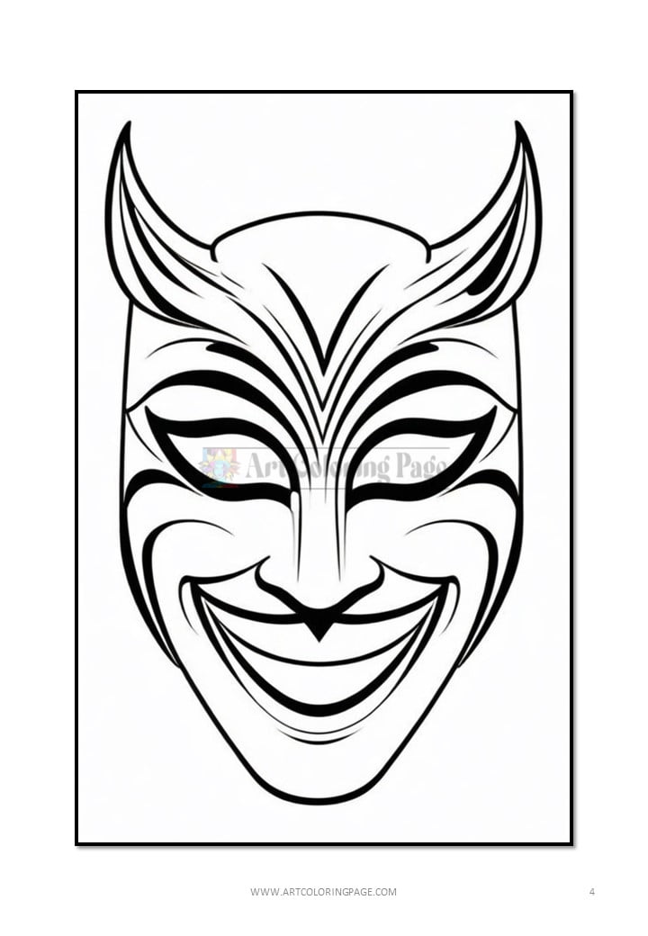 A stylized black and white mask design with prominent features, including sharp horns and intricate facial markings.