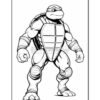 A muscular cartoon turtle wearing armor and knee pads, standing confidently in a coloring page illustration.