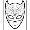 A detailed black and white line drawing of a mask with ornate designs and a mysterious expression.