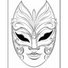 A detailed, decorative mask design featuring elegant swirls and a symmetrical face, suitable for coloring.