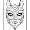 A black and white illustration of a decorative mask with elegant patterns and horn-like features.