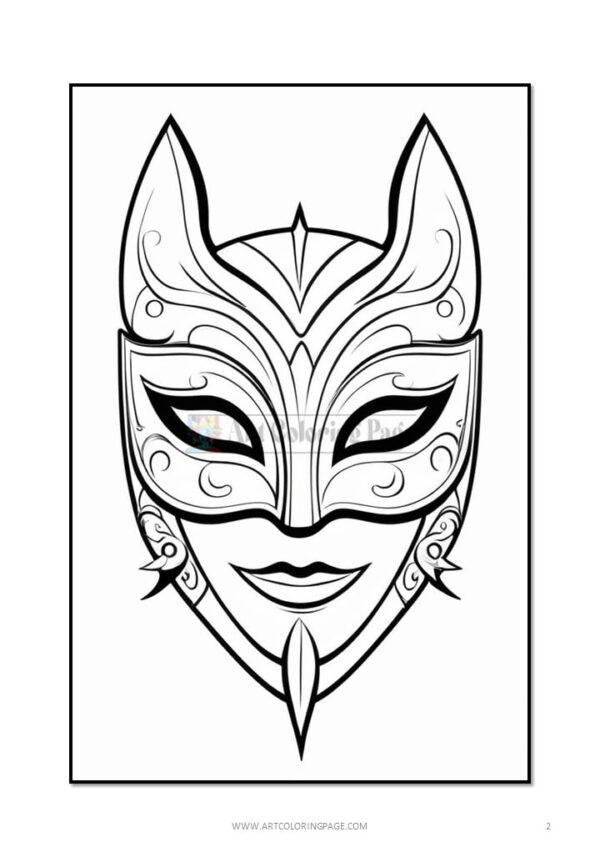 A black and white illustration of a decorative mask with elegant patterns and horn-like features.