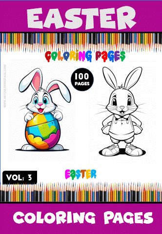 Two bunny characters featuring an Easter theme, with one holding a colorful egg and the other dressed in a shirt, against a vibrant backdrop of coloring pencils. Ideal for cozy coloring pages found at artcoloringpage.com.