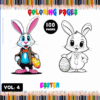 Two cartoon bunnies holding Easter eggs, with 