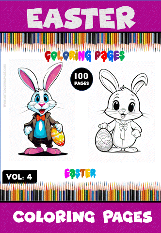 Two cartoon bunnies holding Easter eggs, with "Easter Coloring Pages" and "100 Pages" prominently displayed above.