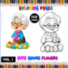 Coloring page featuring a grandmother with Easter eggs and a cute gnome, promoting cozy coloring pages from artcoloringpage.com.