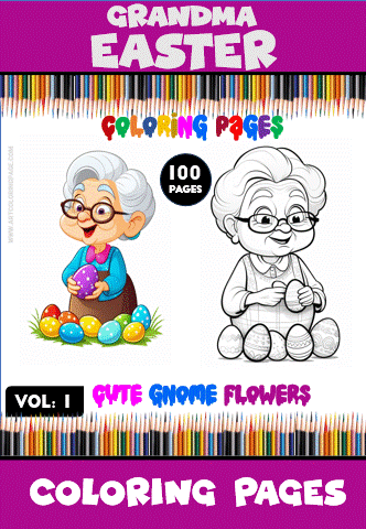Coloring page featuring a grandmother with Easter eggs and a cute gnome, promoting cozy coloring pages from artcoloringpage.com.