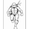 A muscular turtle character with a green skin tone, wearing a blue mask and carrying a variety of weapons, running forward.