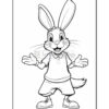A cartoon rabbit character with big ears, wearing a polo shirt and shorts, smiling with arms open.