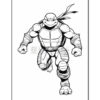 A black and white illustration of a ninja turtle characterized by a muscular build, wearing a shell and a mask, running forward.