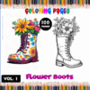 Coloring page featuring flower boots in vibrant and monochrome styles, promoting artcoloringpage.com and cozy coloring book themes.