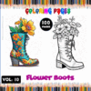 Colorful illustration of flower-themed boots surrounded by vibrant coloring pencils, promoting the cozy coloring book from artcoloringpage.com.