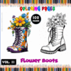 Coloring page featuring floral designs on boots, part of a cozy coloring book series from artcoloringpage.com with 100 pages.