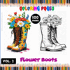 Coloring page featuring vibrant flower boots with colorful floral designs, promoting cozy coloring book from artcoloringpage.com.