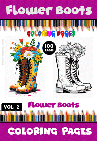 Coloring page featuring vibrant flower boots with colorful floral designs, promoting cozy coloring book from artcoloringpage.com.