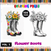 Flower boots filled with flowers, featured in a cozy coloring book, showcasing pages for artcoloringpage.com.