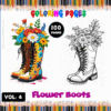 Coloring page featuring flower-adorned boots in a cozy coloring book style, part of 100 pages from artcoloringpage.com.