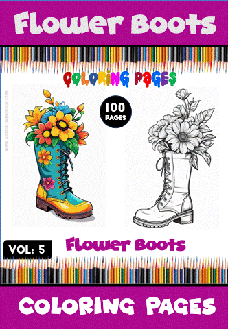 Coloring page featuring colorful flower boots and a black-and-white outline version, promoting artcoloringpage.com and cozy coloring book themes.