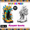 Coloring page featuring colorful flower boots on the left and floral-detailed boots on the right for a cozy coloring book from artcoloringpage.com.