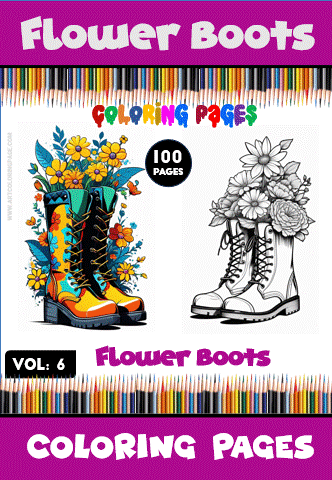 Coloring page featuring colorful flower boots on the left and floral-detailed boots on the right for a cozy coloring book from artcoloringpage.com.