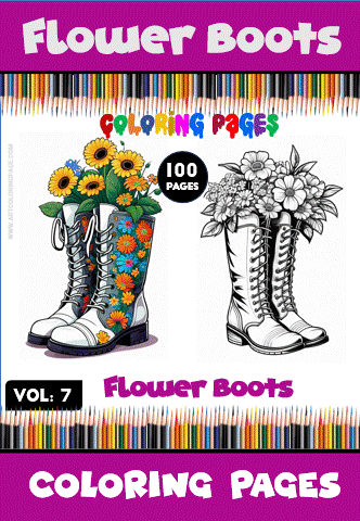 Illustration of flower boots surrounded by vibrant floral designs, promoted as part of a cozy coloring book from artcoloringpage.com, featuring cozy coloring pages.