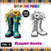 Coloring page featuring flower boots with vibrant floral designs, promoting artcoloringpage.com and cozy coloring book themes.