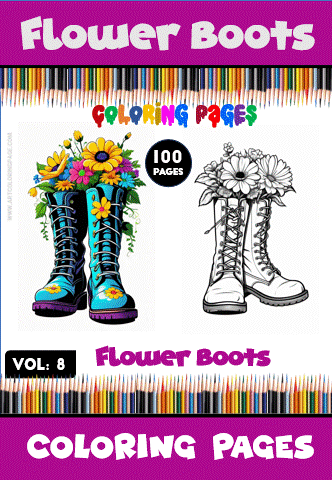 Coloring page featuring flower boots with vibrant floral designs, promoting artcoloringpage.com and cozy coloring book themes.