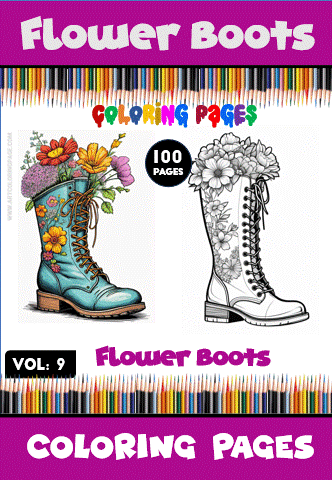 Flower boots coloring pages featuring intricate floral designs, part of the cozy coloring book series by artcoloringpage.com.